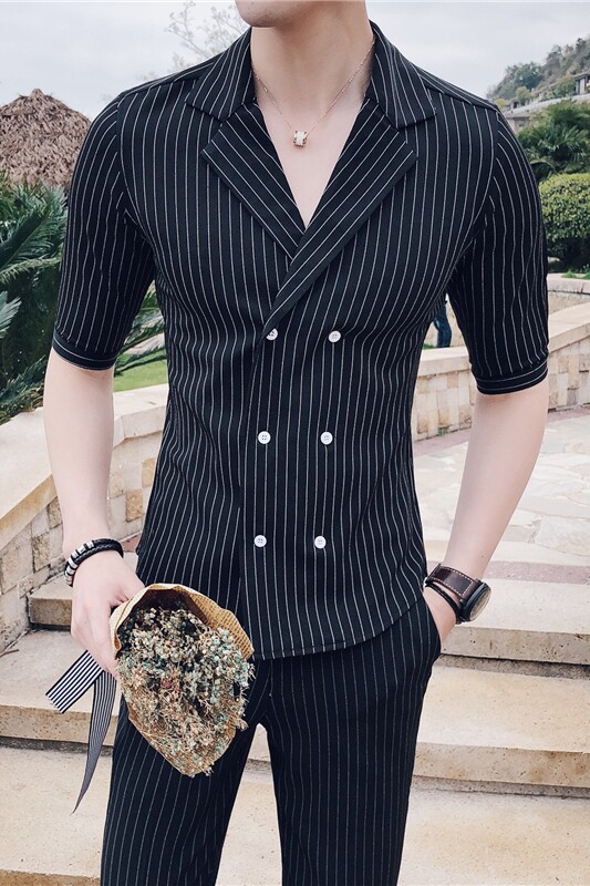 23春夏英伦条纹中袖双排扣衬衫+九分裤套装LJT238-P135,男装衬衫,电商C308