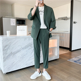 春夏款轻熟风英伦纯色阔版中袖西服九分裤套装黑色TZ15-P195，男装西服，电商C308