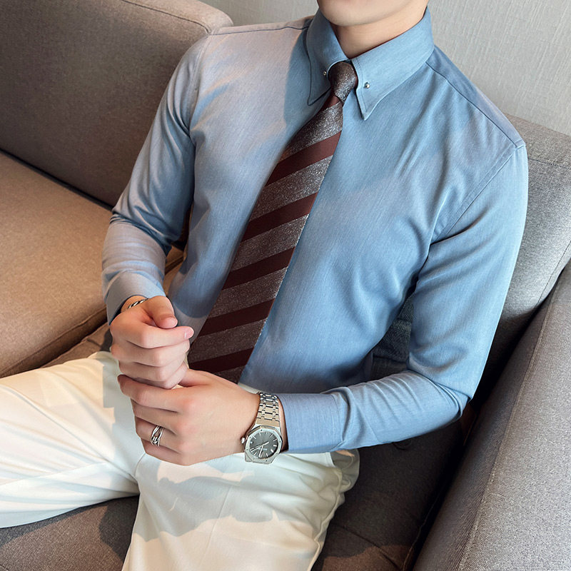 网红大领衬衫男长袖薄款潮流帅气修身休闲立领纯色衬衣蓝C51-P68，男装衬衫，电商C308