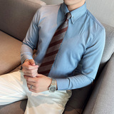 网红大领衬衫男长袖薄款潮流帅气修身休闲立领纯色黑衬衣C51-P68，男装衬衫，电商C308