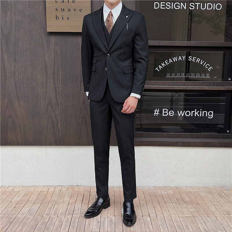 英伦修身男士二粒扣条纹西服三件套新郎伴郎礼服套装SJT918-P300，男装西服，电商C308
