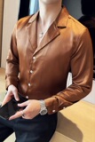 秋冬款英伦经典纯色防皮料单排扣男士古巴领长袖衬衫C16-P73，男装衬衫，电商C308