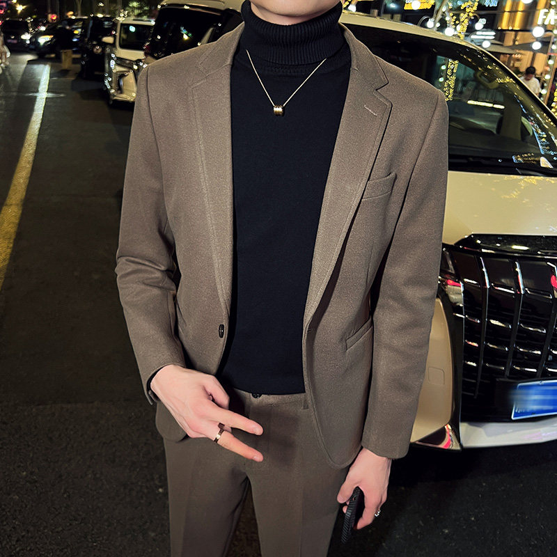 秋冬英伦韩版修身男士商务休闲一粒扣毛呢西服外套咖啡色X33-P155,男装西服,电商C308