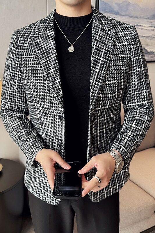 英伦韩版修身男士休闲毛呢格子西服加厚外套X930-P155,男装西服,电商C308