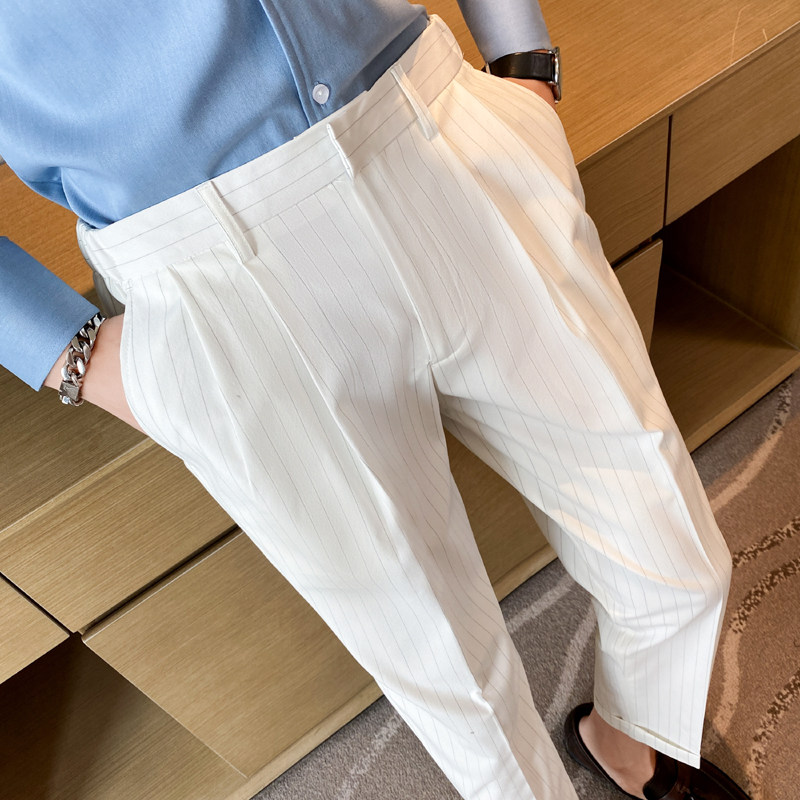 夏季薄款条纹九分裤男士坠感免烫西裤青年冰凉休闲裤K08-P75，男装西裤，电商C308
