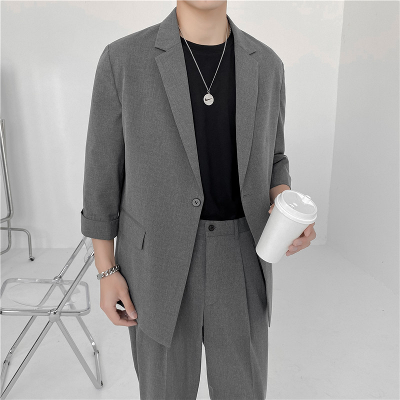 21春夏款轻熟风英伦纯色宽松中袖西服+阔版九分裤套装TZ15-P195，男装西服，电商C308