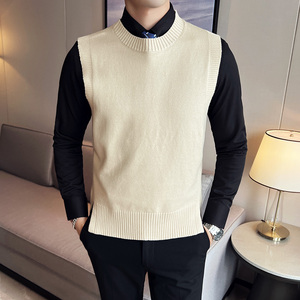 秋冬韩版修身马甲背心毛衣潮流百搭休闲圆领针织衫杏色C67003-P70，男装背心/马甲，电商C308