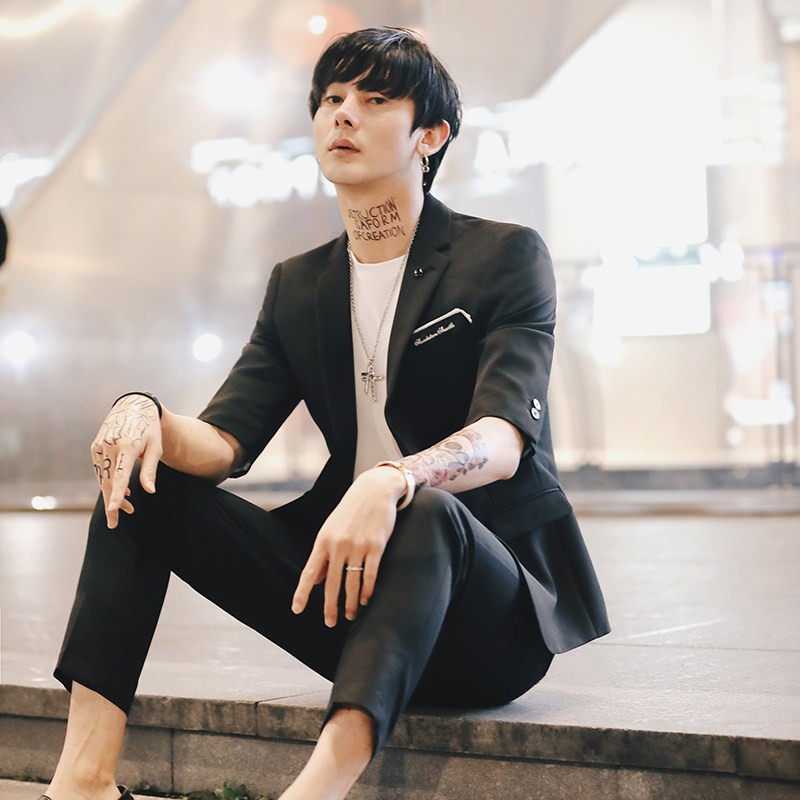春夏新款韩版时尚男士西服套装七分袖九分裤西装外套TZ117-P195,男装西服套装,电商C308