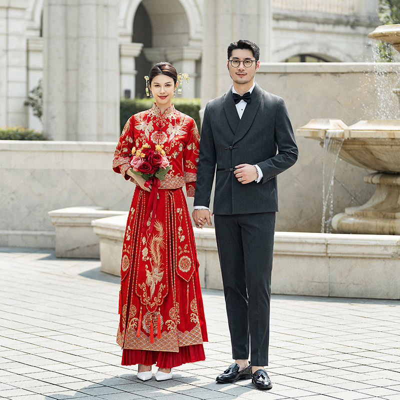 中式新郎西服套装婚礼伴郎礼服男士高级感青果领西装LJT939-P205，男装西服套装，电商C308