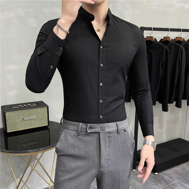 秋冬英伦条纹刺绣衬衣韩版修身长袖衬衫男C8876-P65，男装衬衫，电商C308