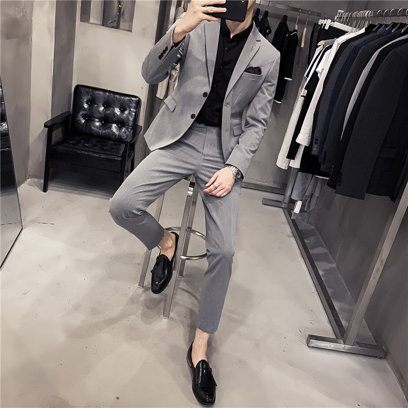 秋冬英伦韩版修身男士休闲商务二粒扣西服套装白色LJT961-P220,男装西服套装,电商C308