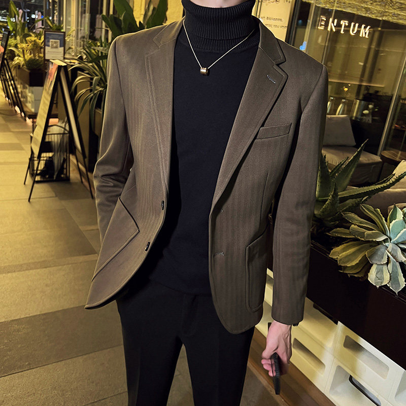 秋冬装英伦男士毛呢条纹西服外套时尚休闲加厚单西军绿色X36-P155，男装西服，电商C308