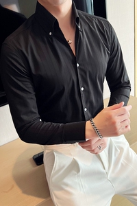 网红V领条纹衬衫男长袖薄款潮流帅气修身休闲立领痞帅衬衣C12-P68图片