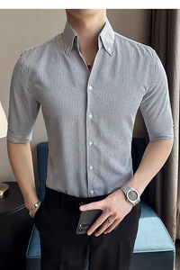 雅痞青年个性网红V领衬衫男中袖帅气修身休闲立领痞帅衬衣C08-P68图片