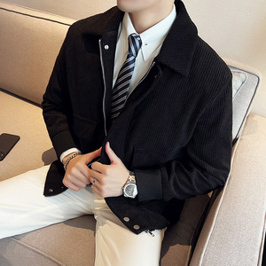 秋冬英伦修身韩版翻领纯色夹克灯芯绒加厚男外套黑色F21806-P155，男装夹克，电商C308