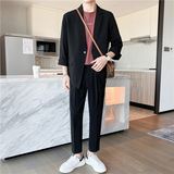 春夏款轻熟风英伦纯色阔版中袖西服九分裤套装灰色TZ15-P195，男装西服，电商C308