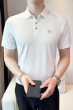夏季冰丝高弹刺绣翻领无痕T恤男士光滑短袖POLO衫黑色PL1-P58，男装T恤，电商C308