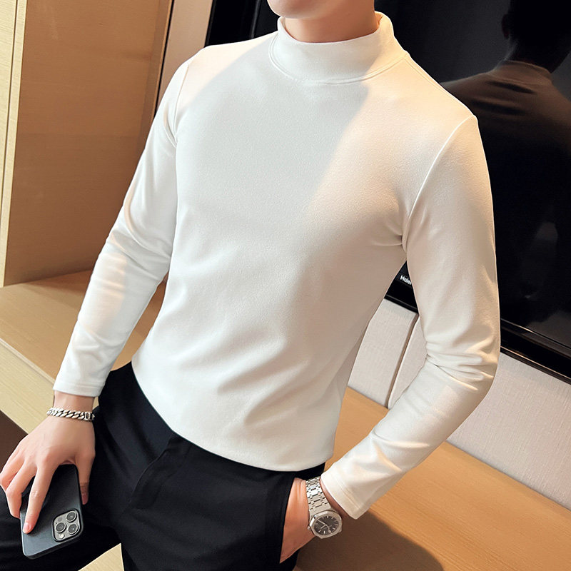 男士双面德绒长袖半高领打底衫韩版修身套头内搭白色C68002-P40，男装T恤，电商C308