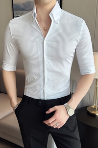 雅痞青年个性V领衬衫中袖男帅气修身休闲立领痞帅衬衣C06-P68图片