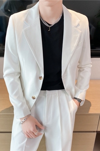 痞雅高级感休闲纯色二粒扣西服男+英伦时尚九分西裤套装TZ05-P225图片