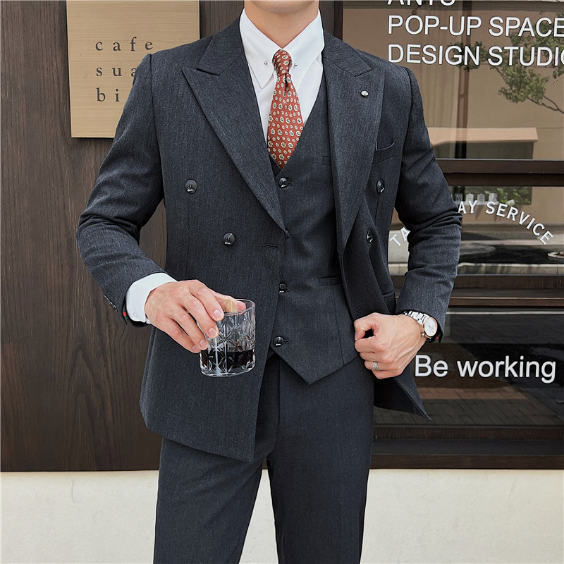 英伦修身男士双排扣纯色西服三件套新郎伴郎礼服套装SJT913-P265,男装西服,电商C308