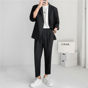 23春夏 轻熟风微宽英伦条纹中袖西服+阔版九分裤套装 TZ13-P195，男装西服，电商C308