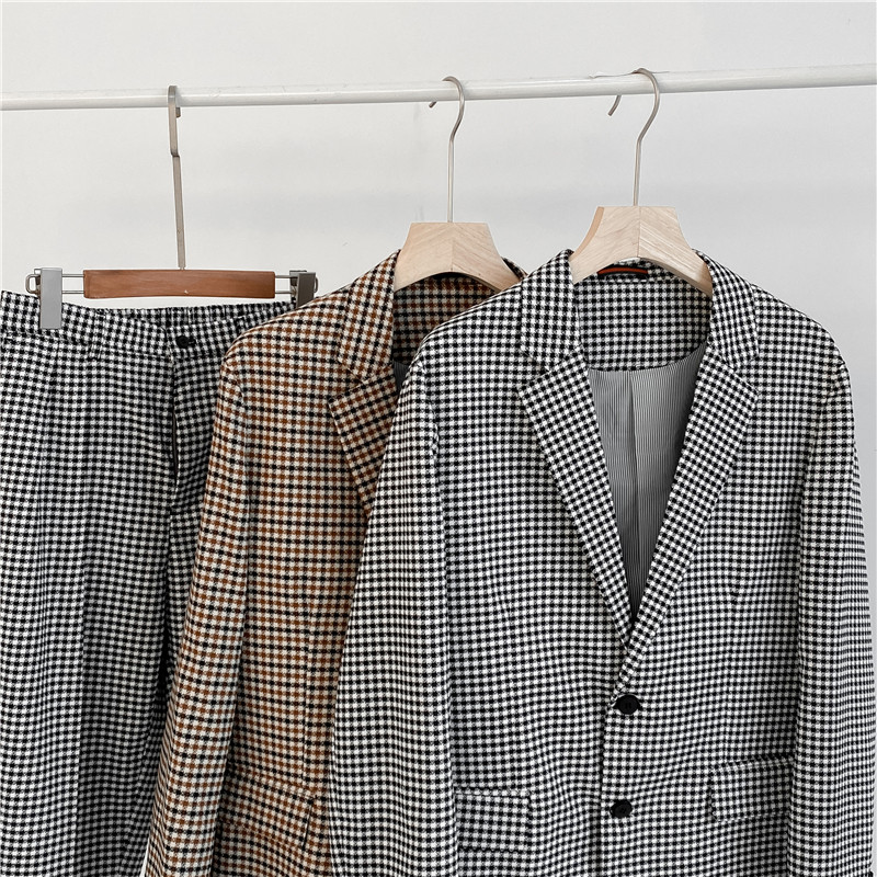 21春夏轻熟风英伦小细格长袖西服+阔版九分裤套装TZ18-P215，男装西服，电商C308