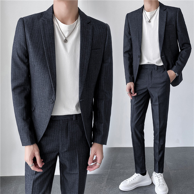 ins轻熟风韩版修身男士休闲条纹西服套装西装套装LJT903-P205,男装西服套装,电商C308