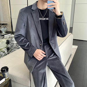 ins轻熟风英伦纯色长袖西服阔版宽松休闲丝绒小西装外套 X22-P150，男装西服套装，电商C308