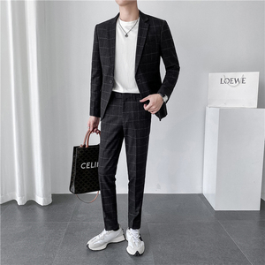 轻熟风ins韩版修身男士休闲一粒扣格子西服套装LJT905-P220图片