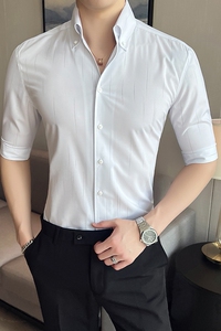 雅痞青年个性V领衬衫中袖帅气修身虚线休闲立领痞帅衬衣男C05-P68图片