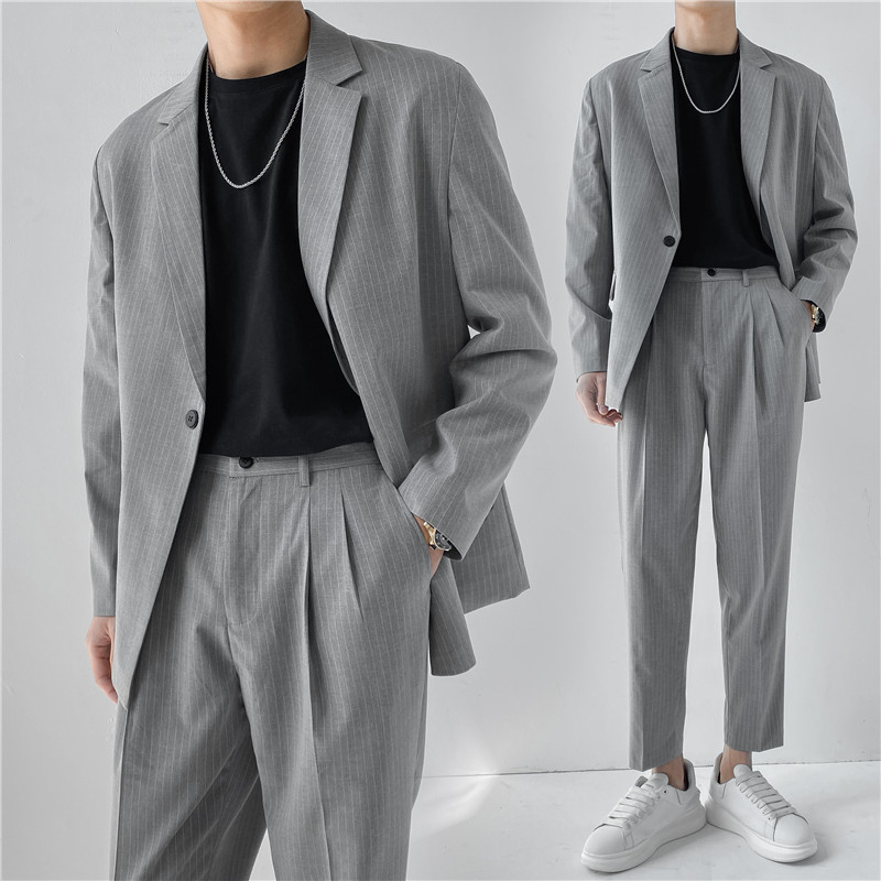 轻熟风微宽英伦条纹长袖西服+阔版九分裤套装TZ14-P215，男装西服，电商C308