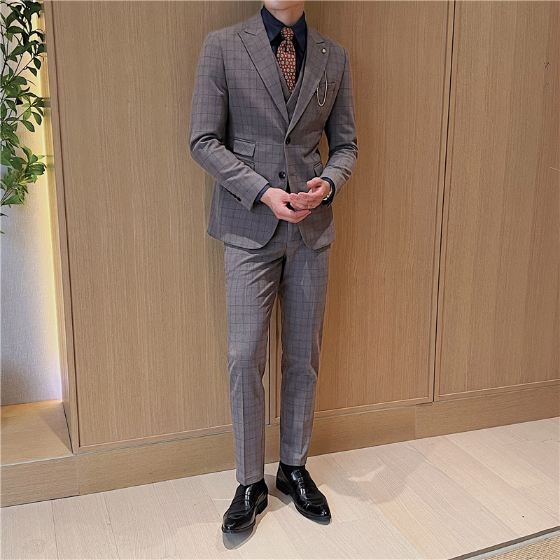 英伦修身男士二粒扣格子西服三件套新郎伴郎礼服套装SJT919-P300图片