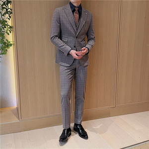 英伦修身男士二粒扣格子西服三件套新郎伴郎礼服套装SJT919-P300图片