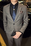 秋冬款英伦韩版修身男士商务休闲格子西服外套深灰色X30-P155，男装西服，电商C308