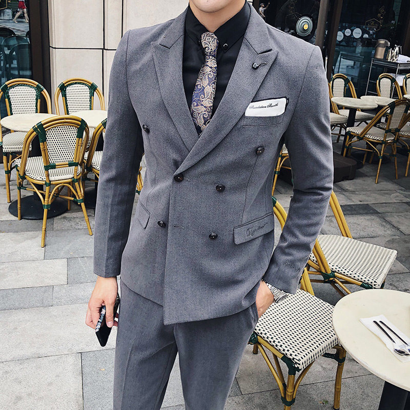 秋冬新款绅士英伦修身刺绣纯色双排扣男士西服三件套TZ50-P295,男装西服,电商C308