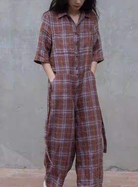 欧货2026夏季新款新款文艺范宽松显瘦七分袖咖色格子高腰连体裤女