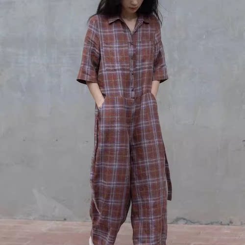 欧货2026夏季新款新款文艺范宽松显瘦七分袖咖色格子高腰连体裤女