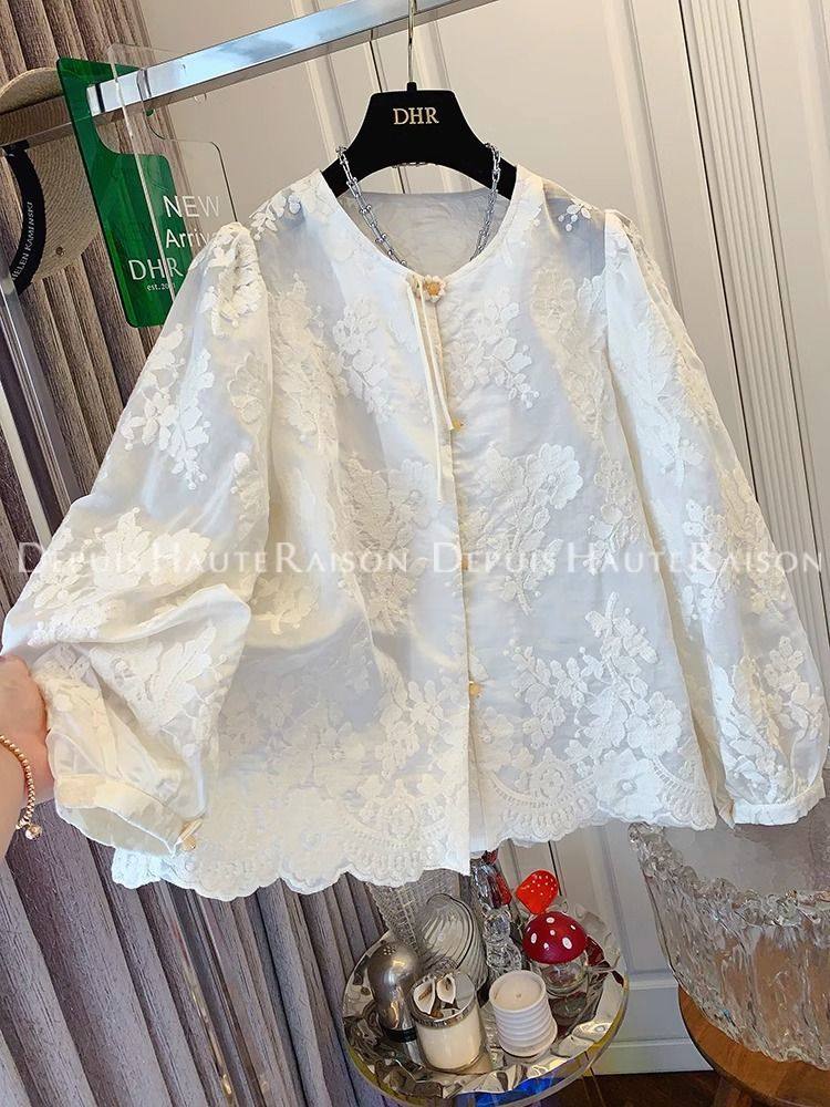 2024春夏新款新中式中国风盘扣白色蕾丝缕空衬衫小清晰宽松上衣女