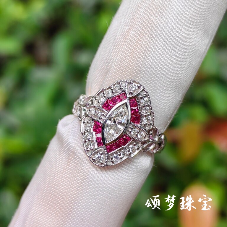 艺术大咖马眼钻石夺目复古红宝石隐蔽镶嵌求婚钻戒订婚戒指18k金