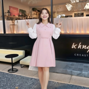 大码 通勤显瘦减龄钉钻拼色衬衫 女装 胖MM韩版 领连衣裙 新款 2026春季