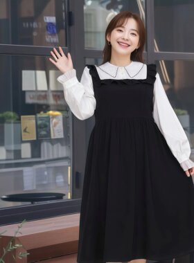 大码女装通勤韩版减龄假两件中长黑色连衣裙2026春季新款显瘦洋气