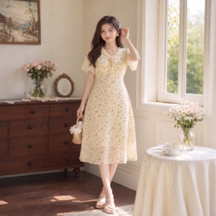 辣妈起义加大码女装夏季胖MM清新减龄木耳V领系带淡黄碎花连衣裙