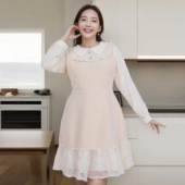 胖MM巨好看精致保暖蕾丝拼接毛呢连衣裙 新款 绒裙2025冬季 女装 大码