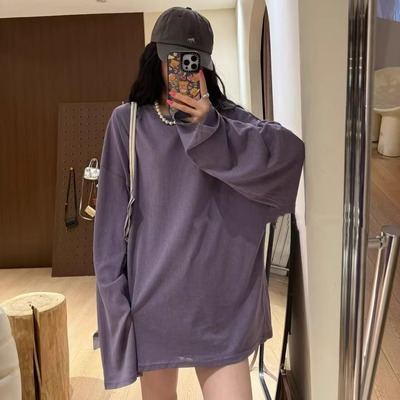 十三行韩国风2025秋季新款净版T恤女长袖薄款纯棉中长款宽松上衣