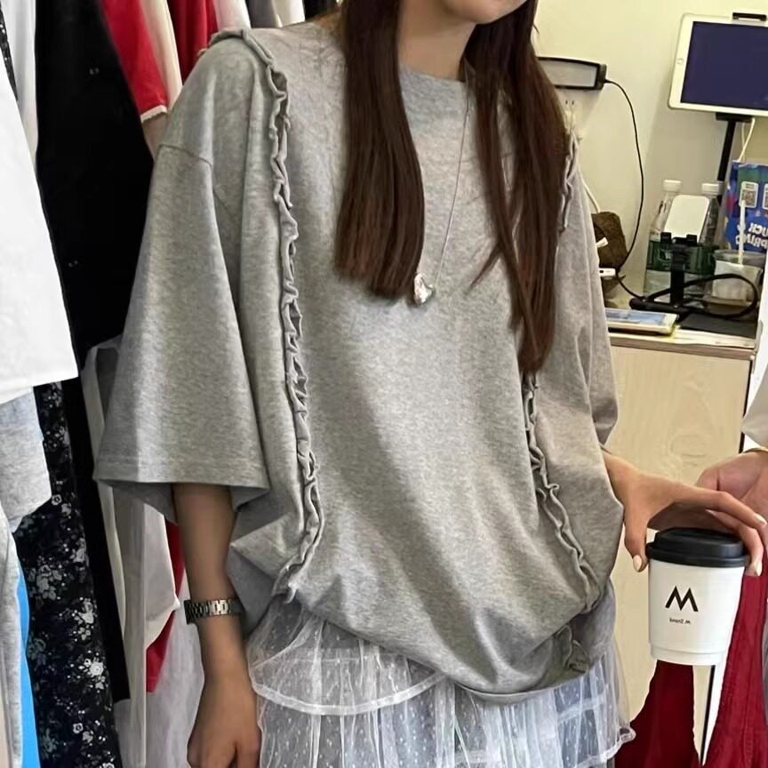 SANBARA2025夏季新款韩版宽松显瘦百搭木耳边短袖T恤设计感上衣女