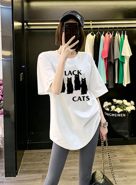 白色圆领短袖t恤女夏季新款弧形下摆宽松显瘦气质百搭中长款上衣