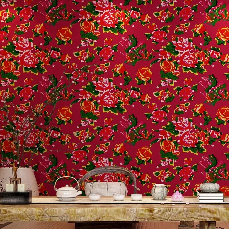 复古怀旧东北风红色大花喜气壁纸餐厅饭店小吃包厢民宿背景墙墙纸