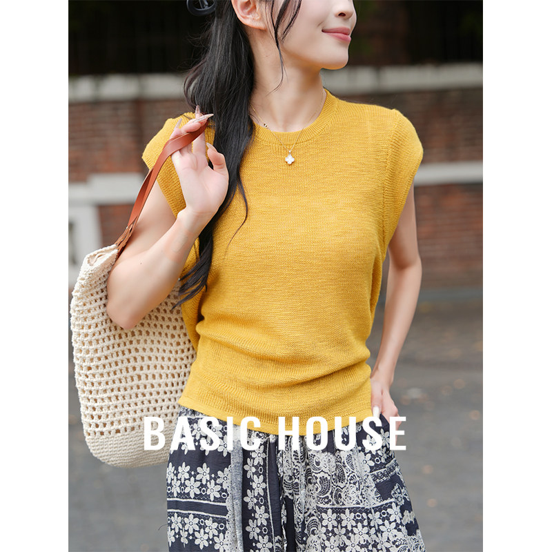 Basic House/百家好短袖针织衫女夏季圆领气质百搭小众设计感上衣