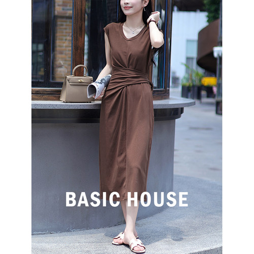 Basic House/百家好法式独特漂亮掐腰连衣裙女夏巨好看中长款裙子